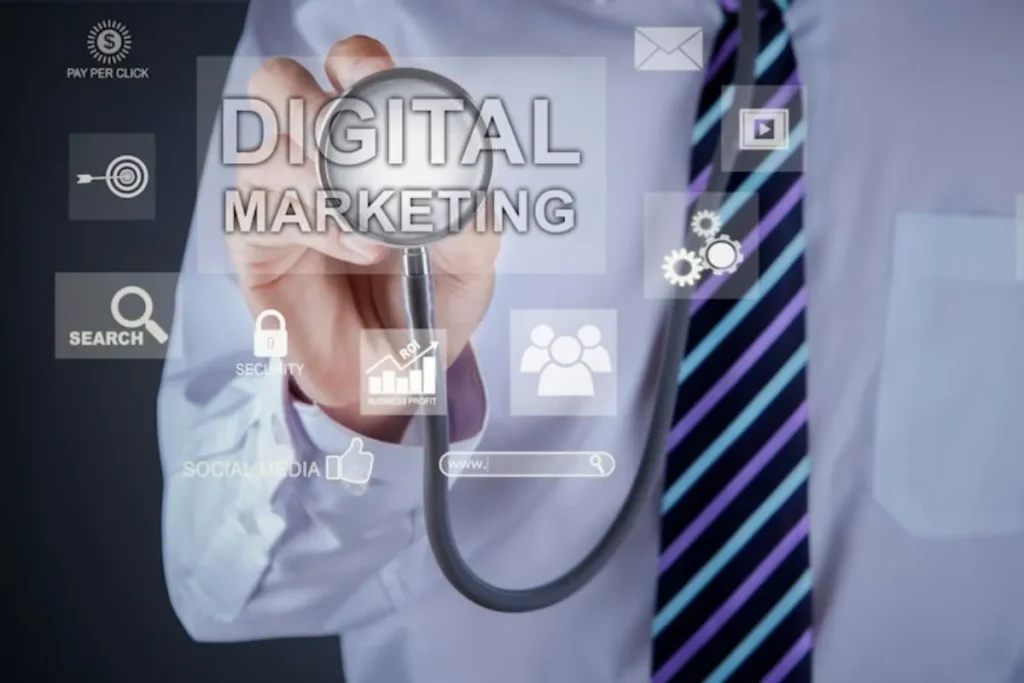 Médico com estetoscópio em imagem sobre agência de marketing para hospitais