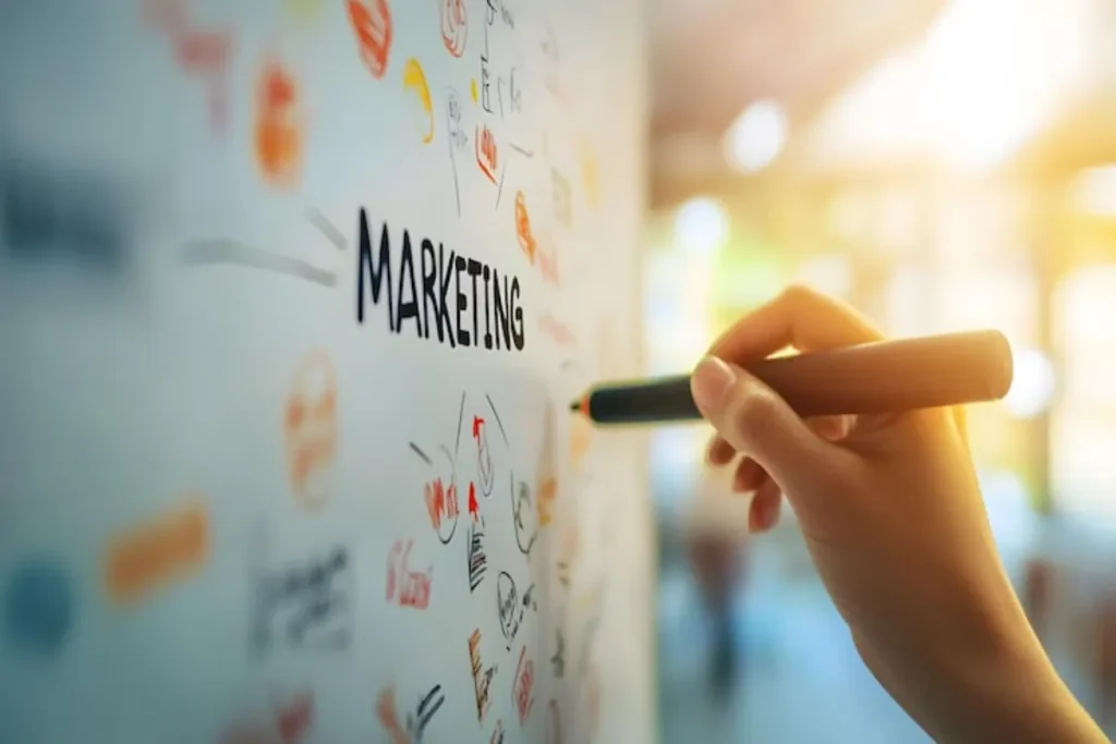 Pessoa escrevendo em quadro em imagem sobre estratégia de marketing