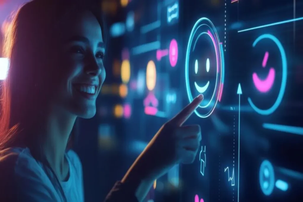 Pessoa interagindo com tela digital de avaliação positiva, representando o que é reputação digital.