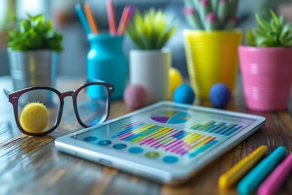 Tablet com gráficos em imagem sobre plano de marketing para escola