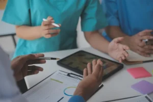 Profissionais de saúde analisando dados em uma reunião sobre falhas de comunicação em hospitais.