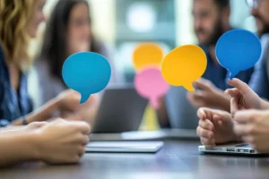 Profissionais em reunião segurando balões de fala coloridos, representando a comunicação estratégica para gestores.
