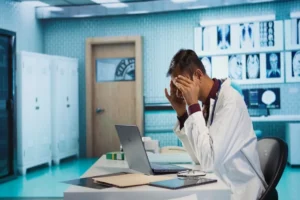 Médico preocupado durante a gestão de crise em hospitais, sentado diante de um notebook em uma sala clínica.